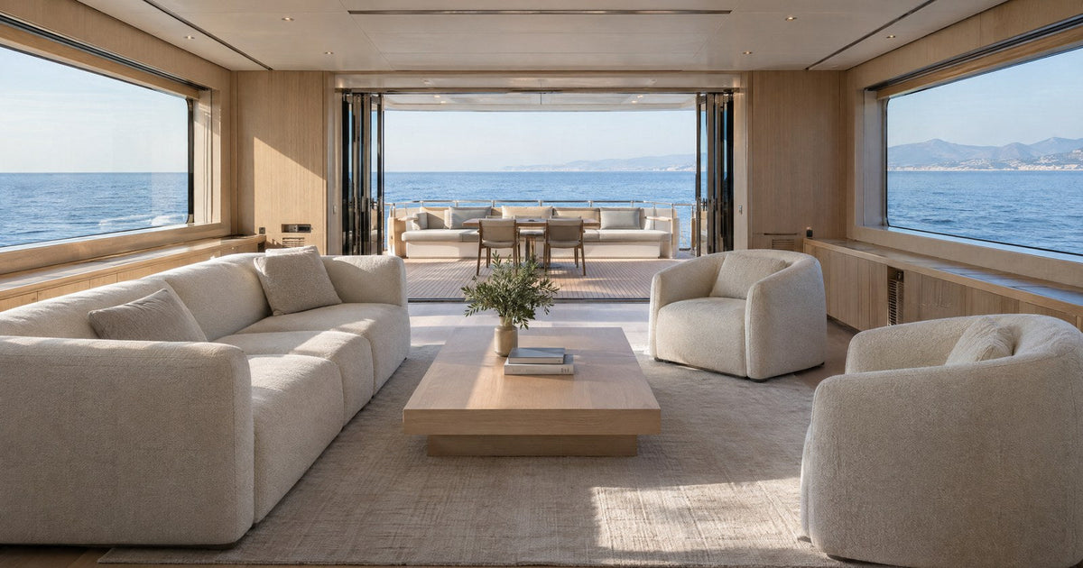 The main salon of a motor yacht seen looking aft, with a sofa and two armchairs around a low table and open glass doors to the aft deck and the sea.