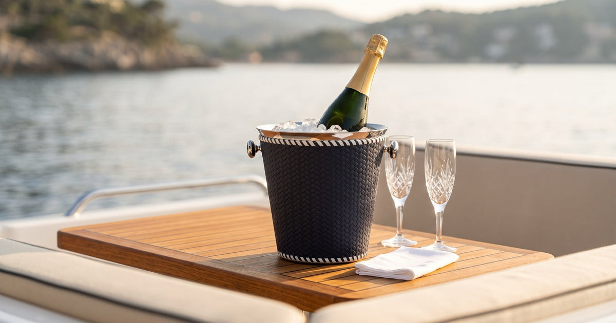 A navy woven-embossed leather champagne bucket with a bottle on ice and two crystal flutes on a teak cockpit table at golden hour, the sea behind.