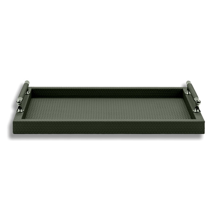 Dark olive khaki 50 × 37 cm serving tray, both steel handle posts standing at the short ends