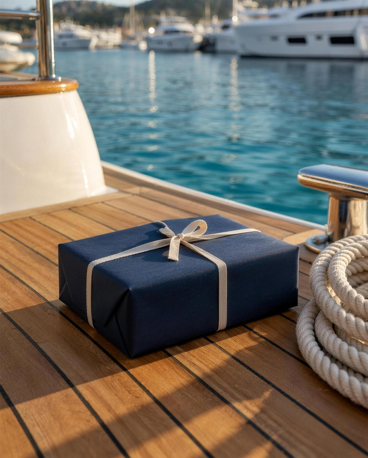 A navy-wrapped parcel tied with cotton ribbon on a teak yacht deck beside a coiled mooring rope