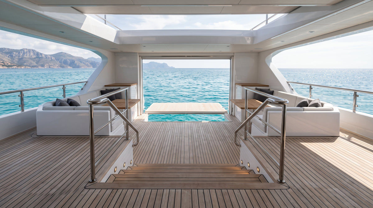 Open aft deck folding into a beach club platform with teak decking on a superyacht at sea level