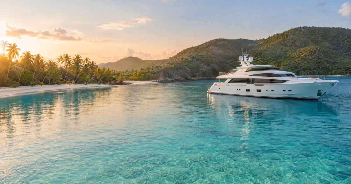 A white motor superyacht at anchor in a turquoise Caribbean bay at sunrise, with palm trees along a pale sand beach nearby.