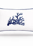 Navy coral embroidered across a white 35 x 55 cm outdoor cushion trimmed in navy piping