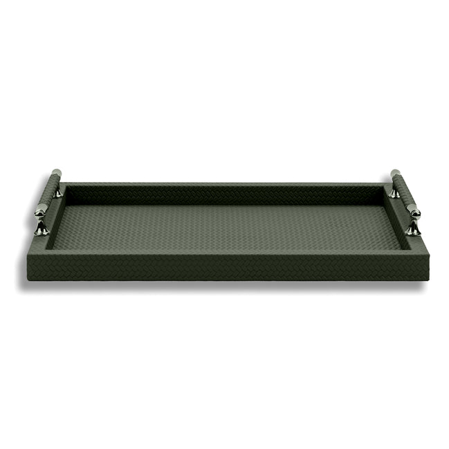 Dark olive khaki 50 × 37 cm serving tray, both steel handle posts standing at the short ends