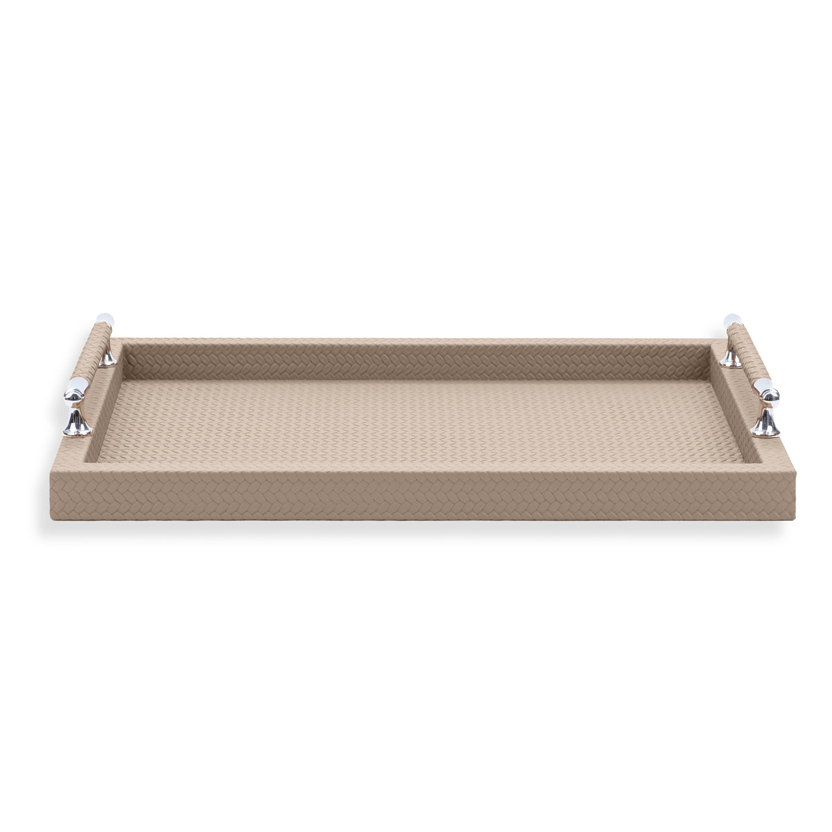 Pale beige tray, chromed handle mounts screwed through the wall at each 37 cm end