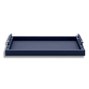 Navy tray, leather-wrapped handle bars bridging the polished steel posts at either end