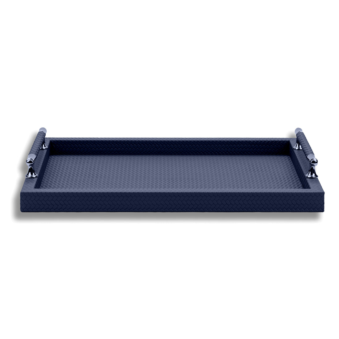 Navy tray, leather-wrapped handle bars bridging the polished steel posts at either end