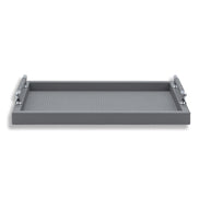 Grey tray, the embossed leather field running the full 50 cm between the raised handles