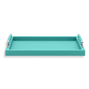 Turquoise 50 × 37 cm tray, the fine leather emboss reading as a grid across its floor