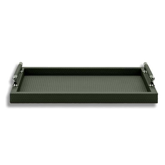 Dark olive khaki 50 × 37 cm serving tray, both steel handle posts standing at the short ends
