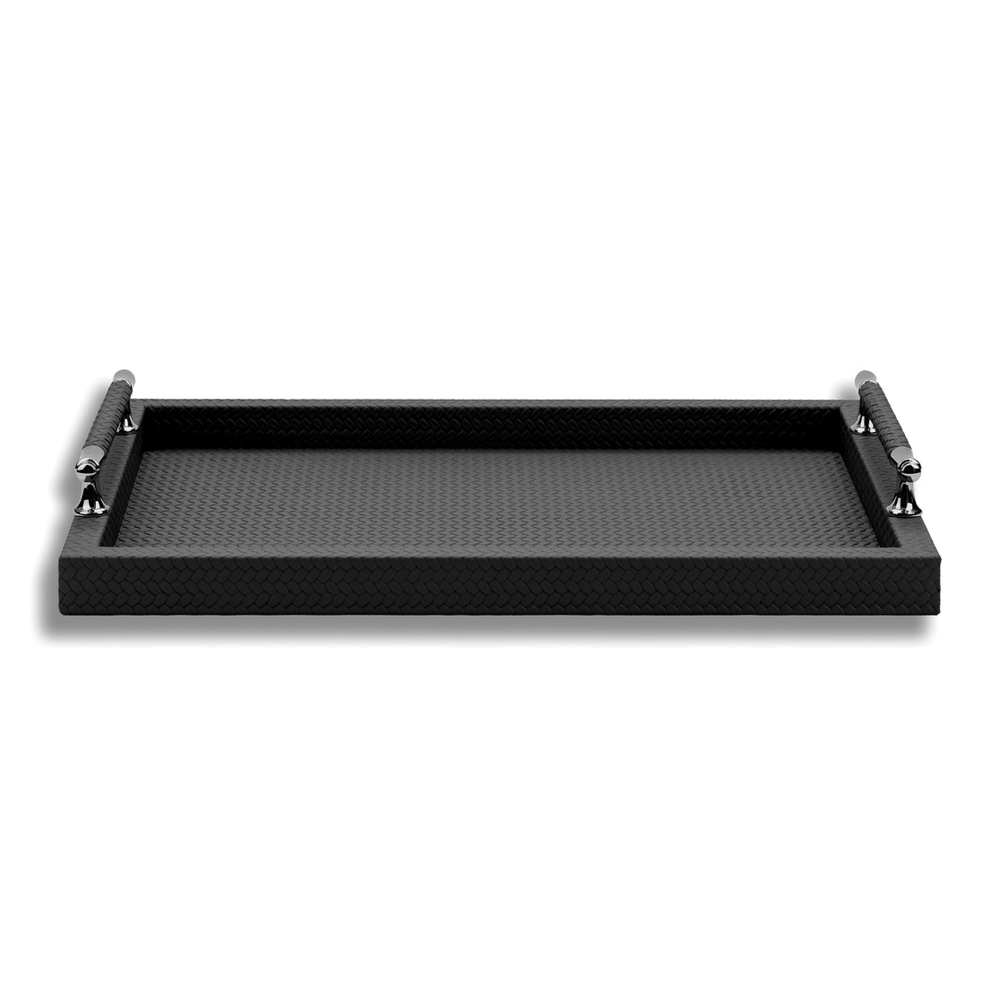 Black tray seen level, the finely woven-embossed floor sunk inside a 3.5 cm wall