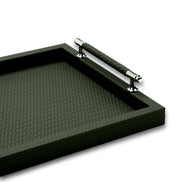 Corner of the 50 x 37 cm tray, a leather-wrapped handle bar rising from two polished steel posts