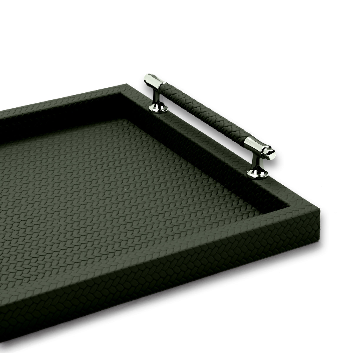 Corner of the 50 x 37 cm tray, a leather-wrapped handle bar rising from two polished steel posts
