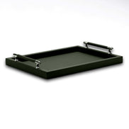 The 50 x 37 cm tray whole in dark olive, both steel handles leather-wrapped above 3.5 cm woven walls