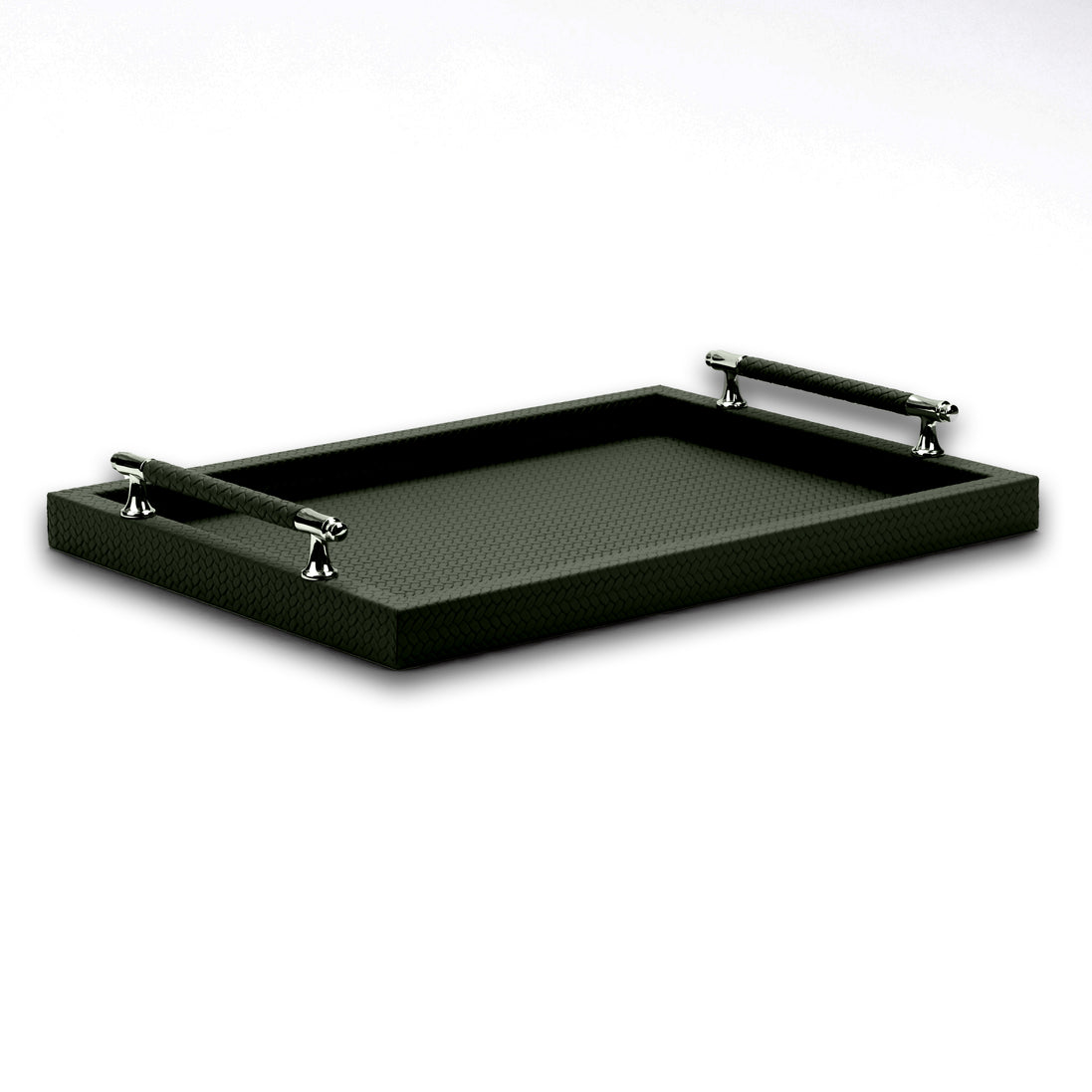 The 50 x 37 cm tray whole in dark olive, both steel handles leather-wrapped above 3.5 cm woven walls