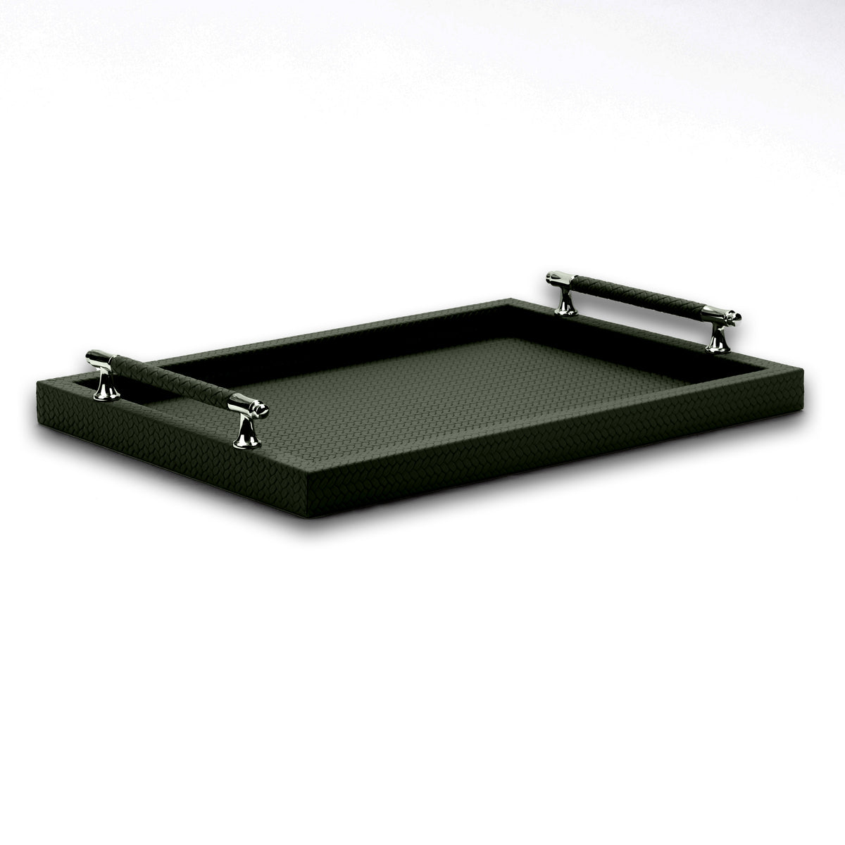 The 50 x 37 cm tray whole in dark olive, both steel handles leather-wrapped above 3.5 cm woven walls