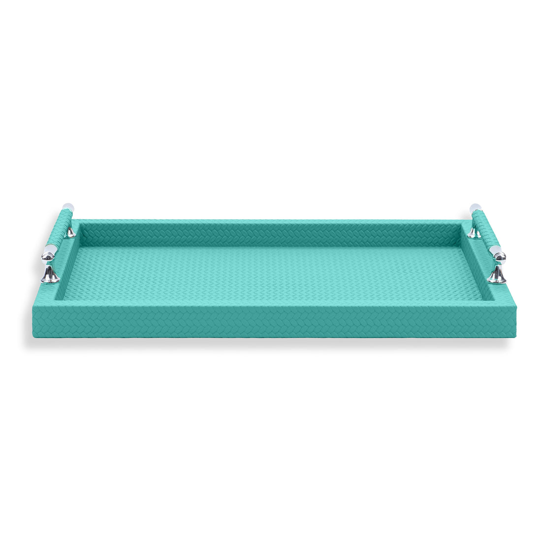 Turquoise 45 × 32 cm tray, polished steel hardware set against the saturated leather