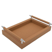 Tan 31 × 21 cm serving tray, warm woven leather within raised sides