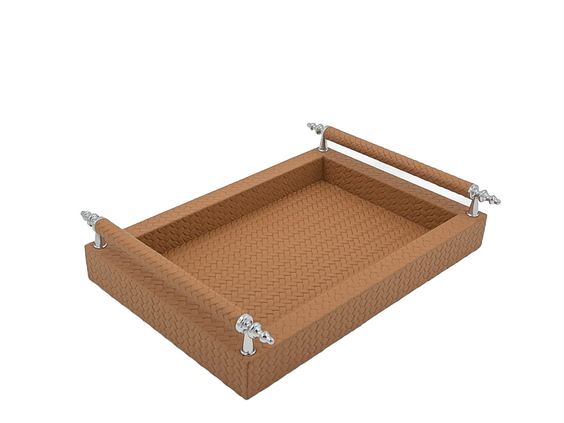 Tan 31 × 21 cm serving tray, warm woven leather within raised sides