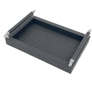 Black 31 × 21 cm serving tray from above left, leather-wrapped handle rails raised on polished steel posts