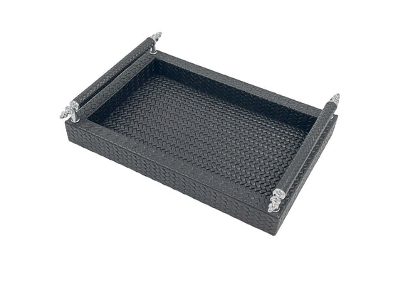 Black 31 × 21 cm serving tray from above left, leather-wrapped handle rails raised on polished steel posts