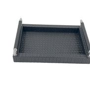 Black 31 cm tray from a lower angle, 3.5 cm sides enclosing the woven-embossed leather floor