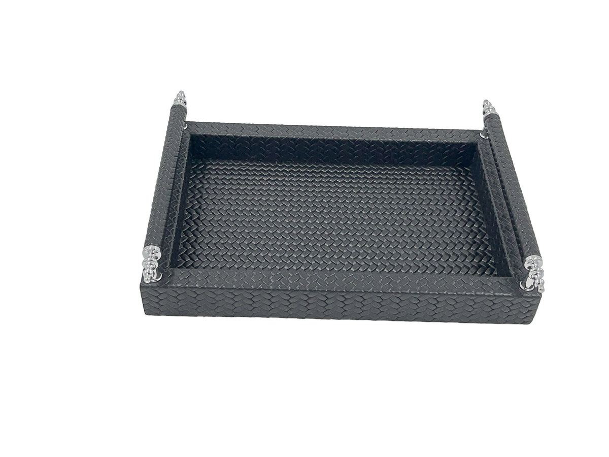 Black 31 cm tray from a lower angle, 3.5 cm sides enclosing the woven-embossed leather floor