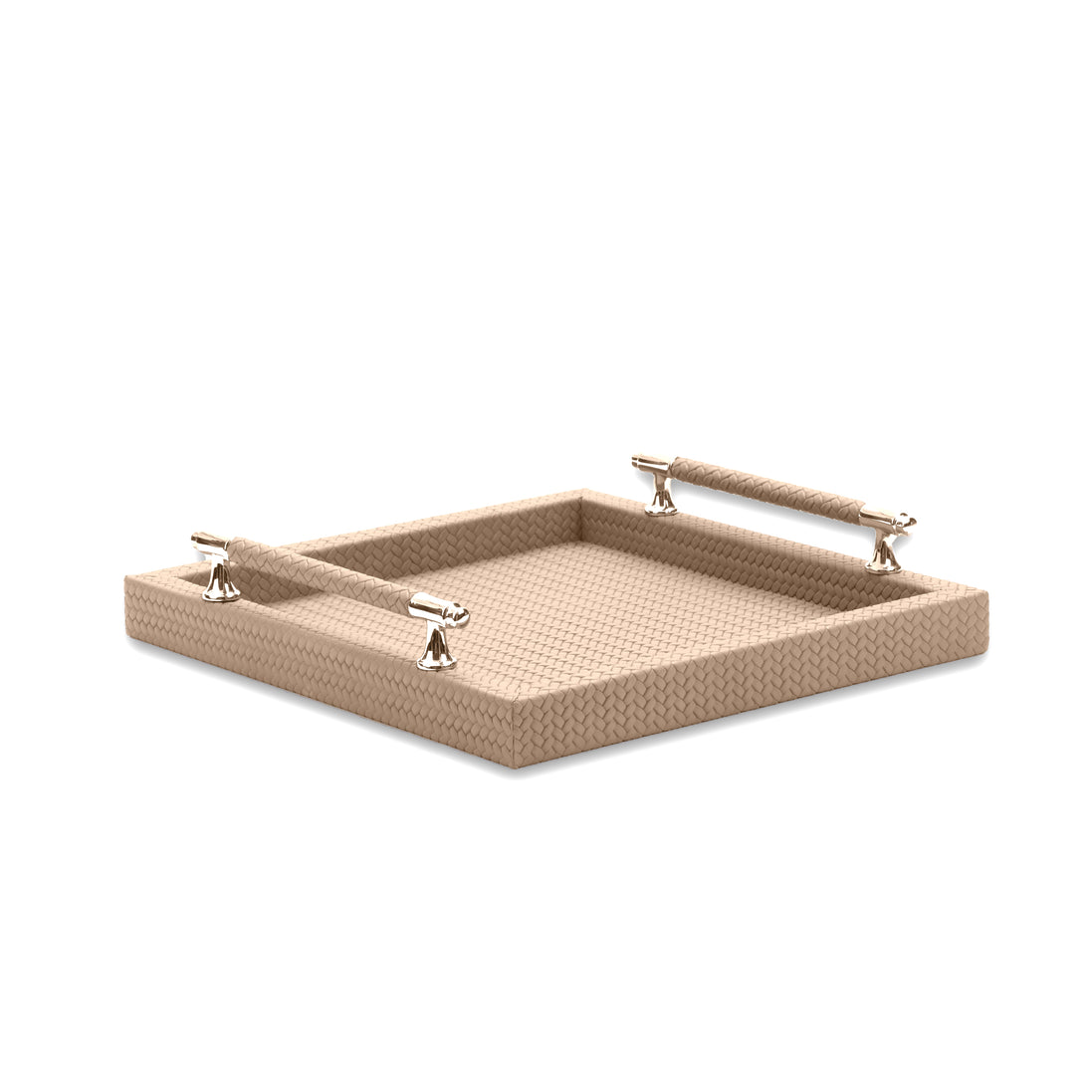 Pale sand tray, its leather-wrapped handles raised clear of the 3.5 cm rim