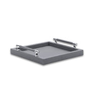 Grey tray seen from above left, chromed mounts angled out from the wall at four points