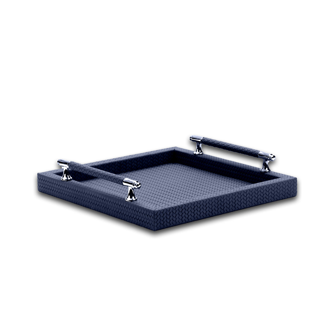 Navy tray, both handle bars sheathed in the same woven leather as the 36 cm well