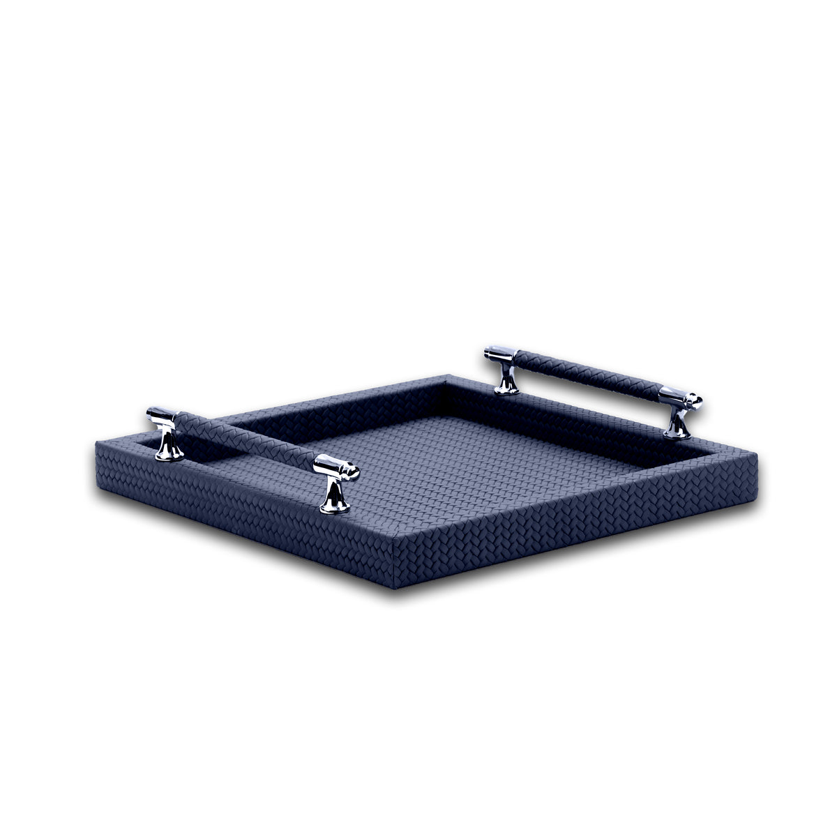Navy tray, both handle bars sheathed in the same woven leather as the 36 cm well