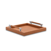 Terracotta tan tray, the woven-embossed leather carried over the rim and down the outer 3.5 cm wall