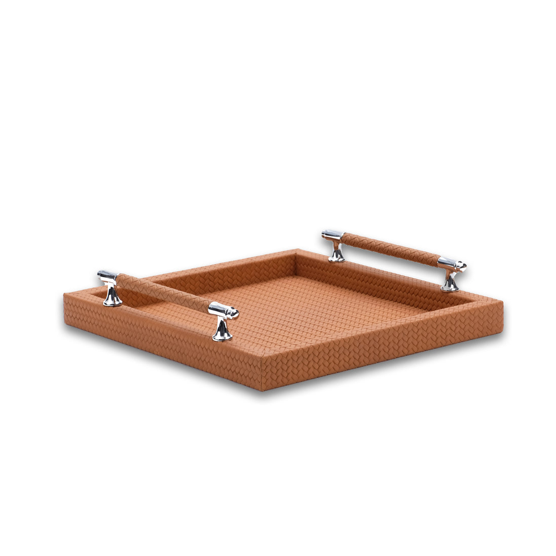 Terracotta tan tray, the woven-embossed leather carried over the rim and down the outer 3.5 cm wall