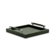 Dark olive khaki 36 × 36 cm tray, polished steel posts carrying leather-wrapped bars on two sides