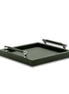 Dark olive khaki 36 × 36 cm tray, polished steel posts carrying leather-wrapped bars on two sides