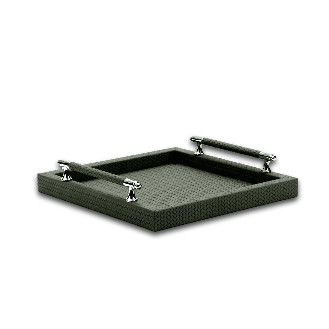 Dark olive khaki 36 × 36 cm tray, polished steel posts carrying leather-wrapped bars on two sides