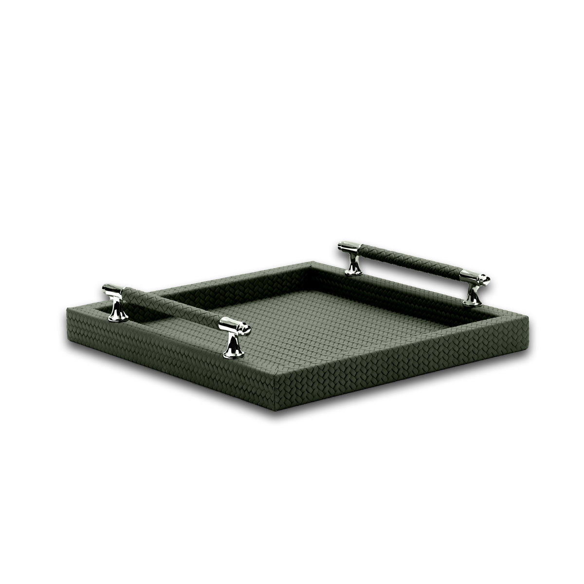 Dark olive khaki 36 × 36 cm tray, polished steel posts carrying leather-wrapped bars on two sides