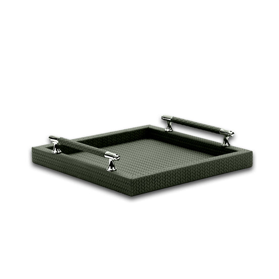 Dark olive khaki 36 × 36 cm tray, polished steel posts carrying leather-wrapped bars on two sides