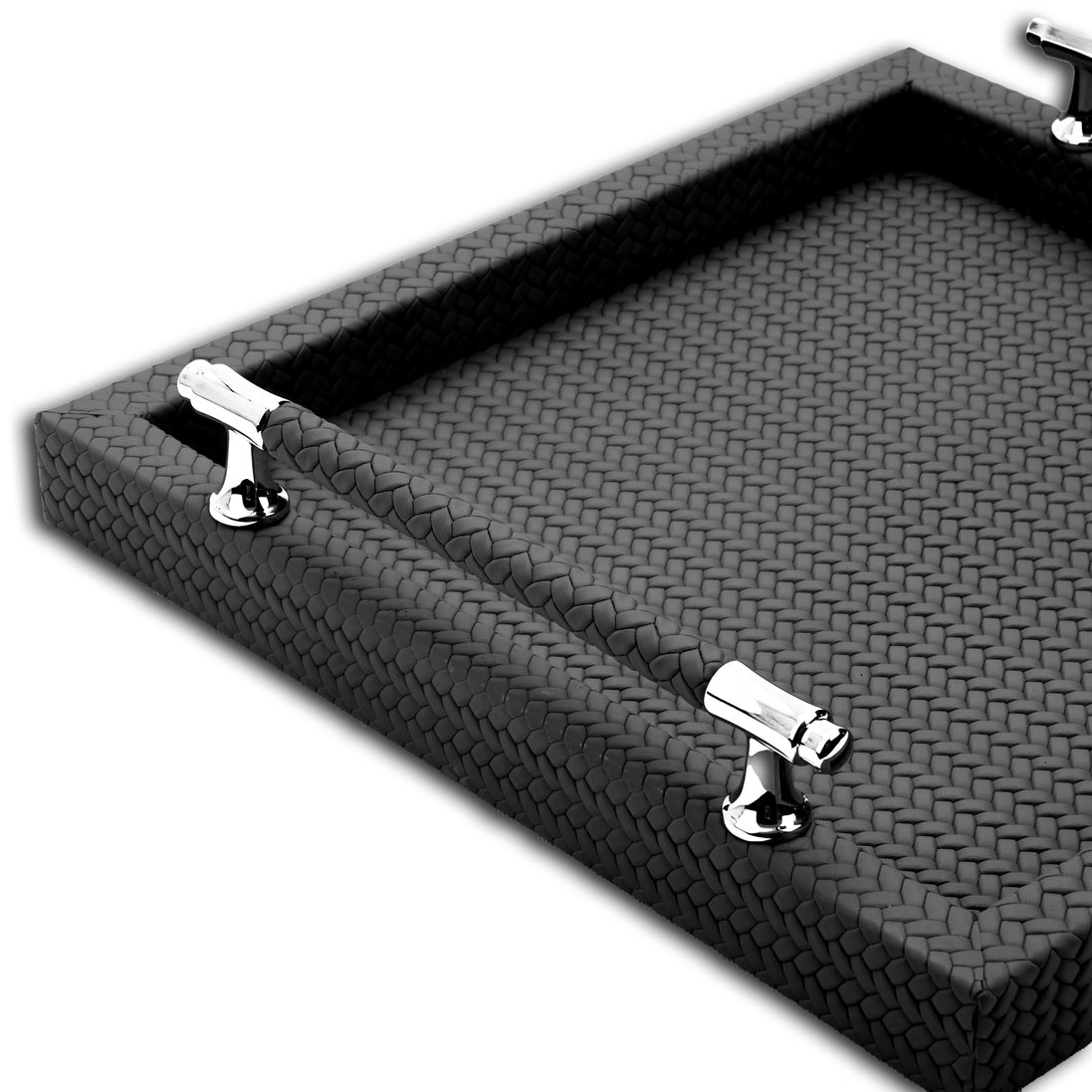 Close corner of the 36 x 36 cm tray, the woven-embossed leather carried over the mitred edge onto the outer wall