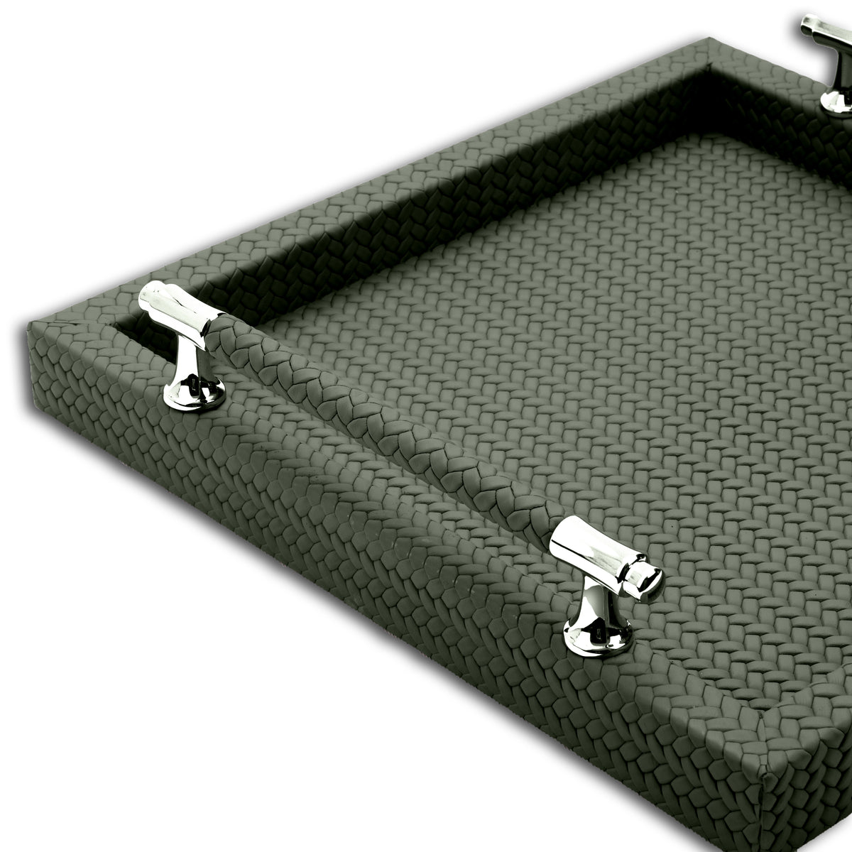Corner of the 36 x 36 cm tray, a polished steel handle mount seated through the woven leather rim wall