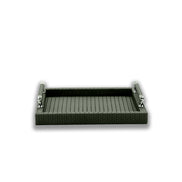The 36 x 36 cm tray at eye level, its 3.5 cm walls sitting low between two upright polished steel handles
