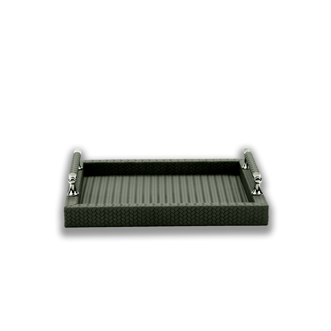 The 36 x 36 cm tray at eye level, its 3.5 cm walls sitting low between two upright polished steel handles