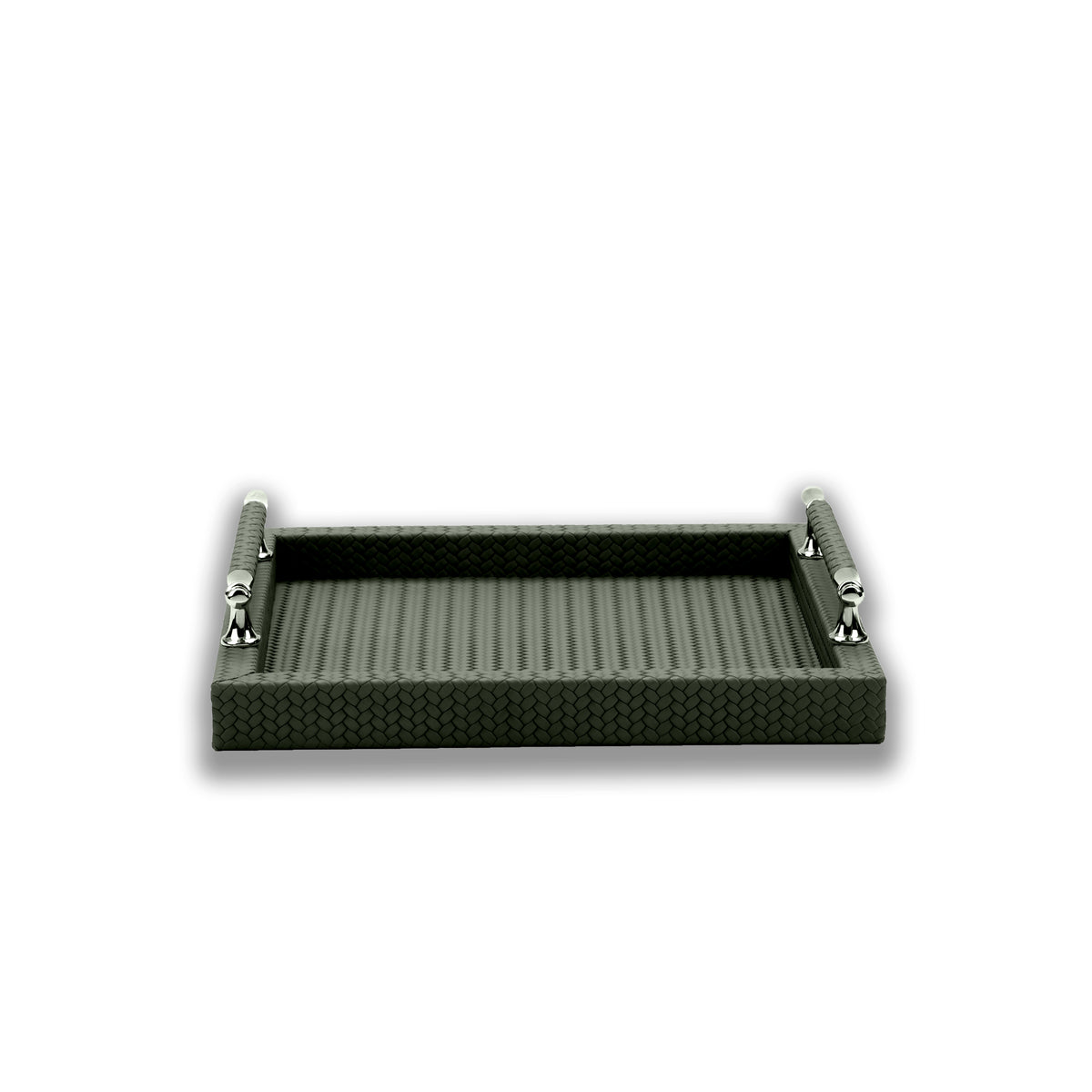 The 36 x 36 cm tray at eye level, its 3.5 cm walls sitting low between two upright polished steel handles