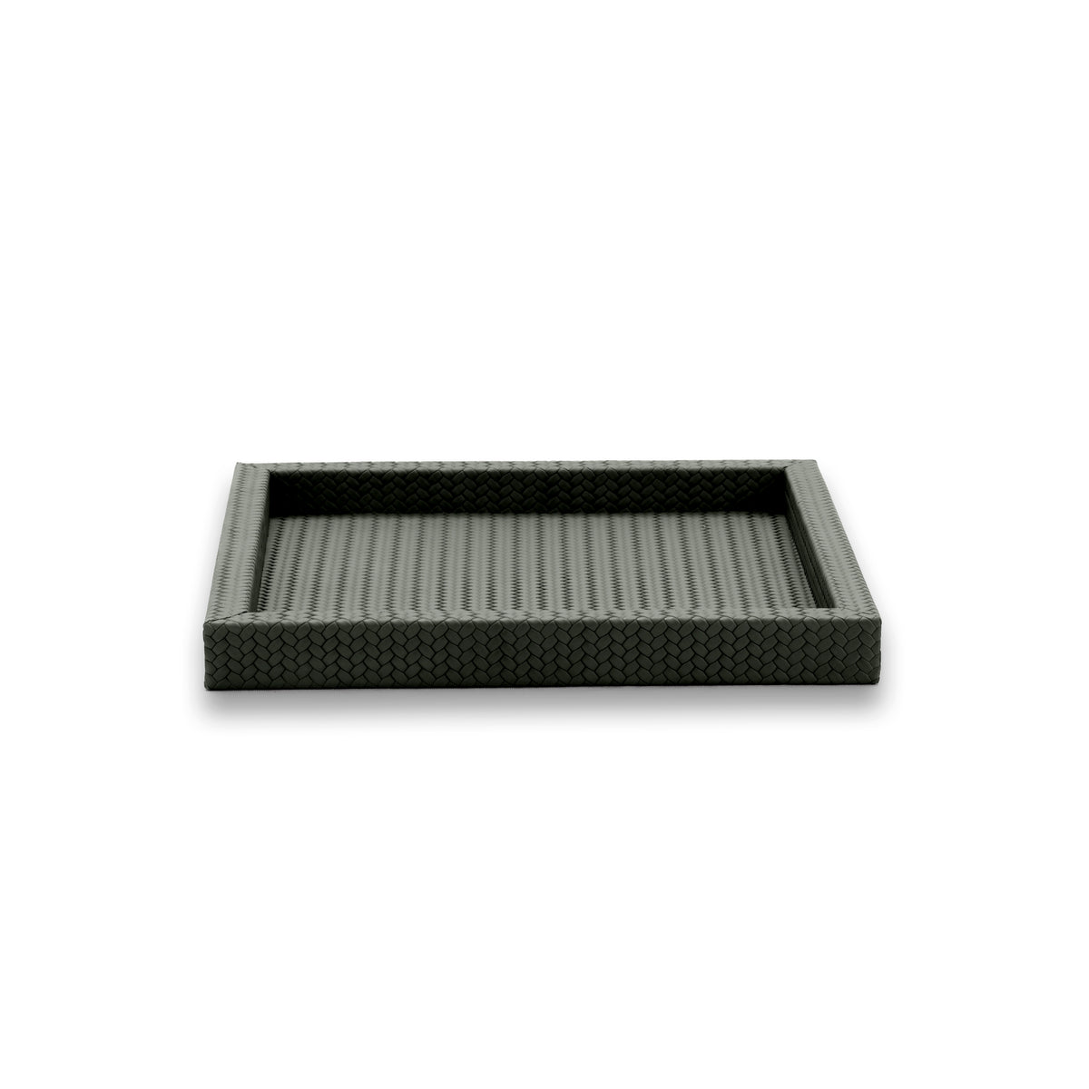 The 36 x 36 cm tray straight on, no handles breaking the line of its 3.5 cm woven leather walls