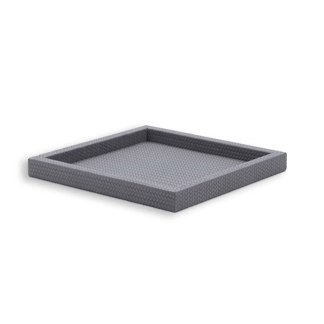 Grey tray, the 36 cm floor reading flat and even beneath a low woven rim