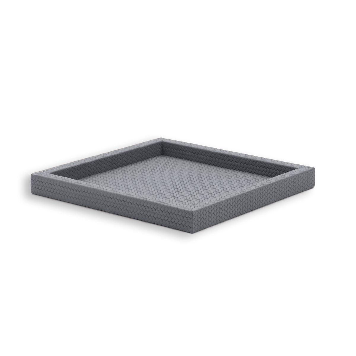 Grey tray, the 36 cm floor reading flat and even beneath a low woven rim