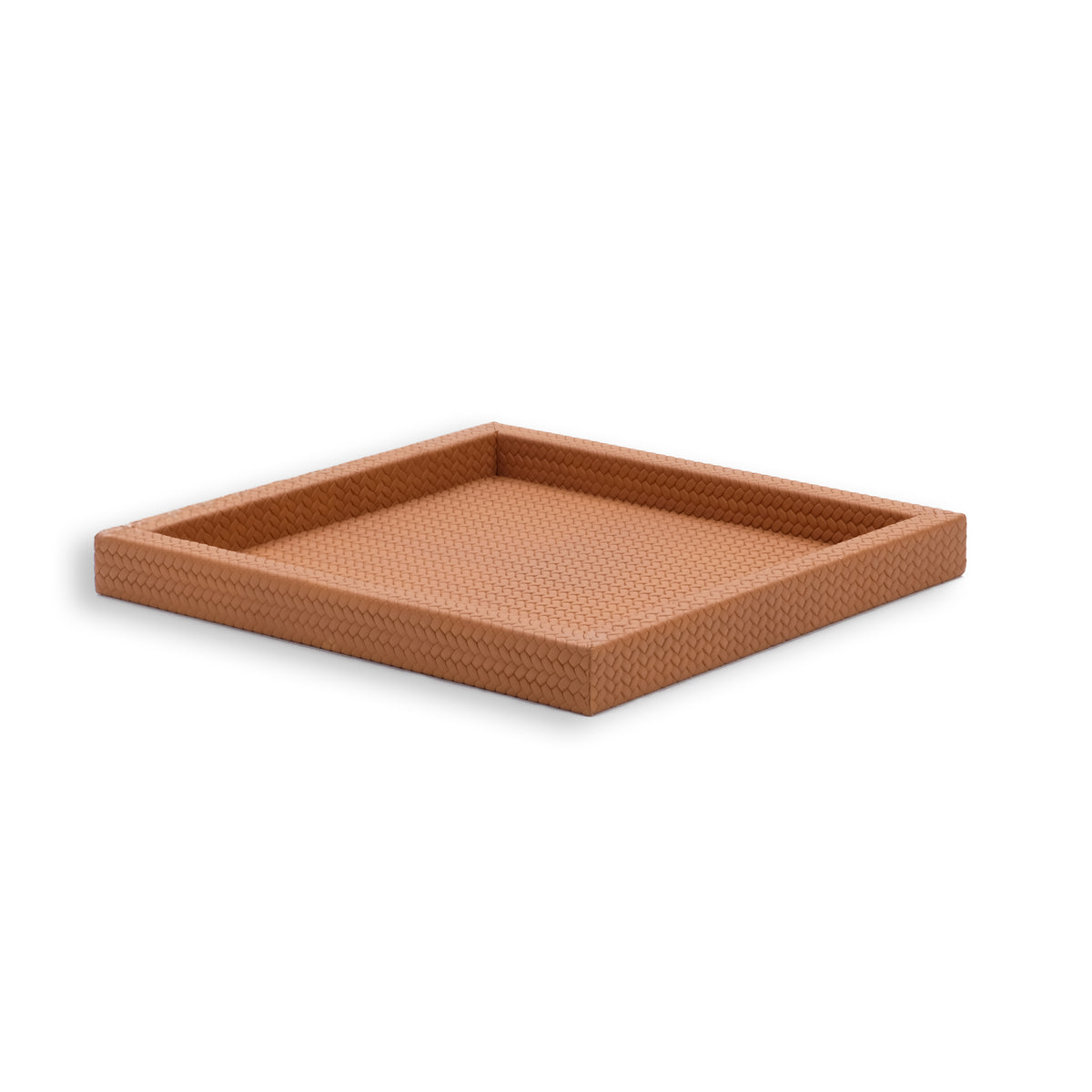 Terracotta tan tray, the leather weave crossing the 36 cm floor on the diagonal