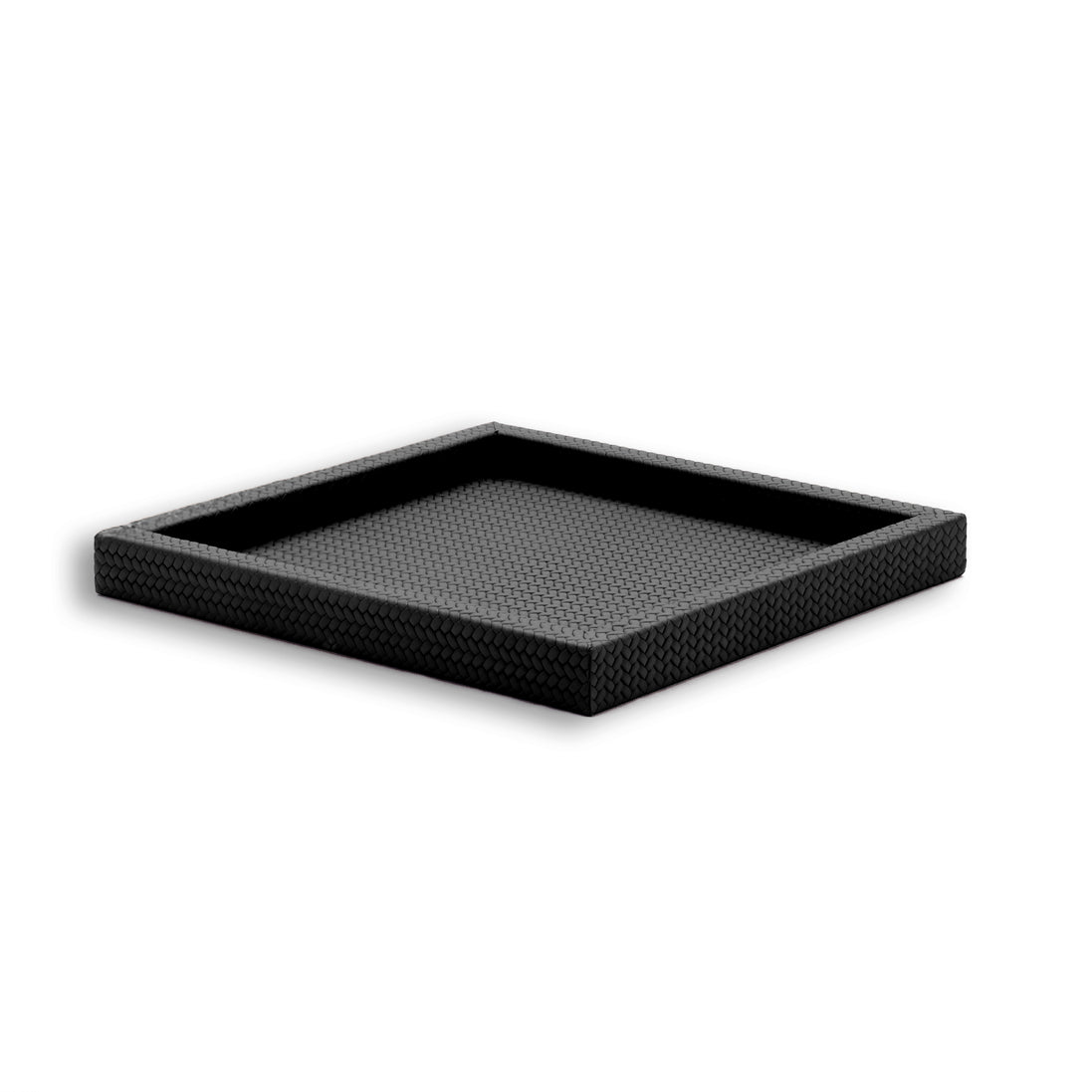 Black handleless leather tray, the plait finer on the floor than on the rim it turns over