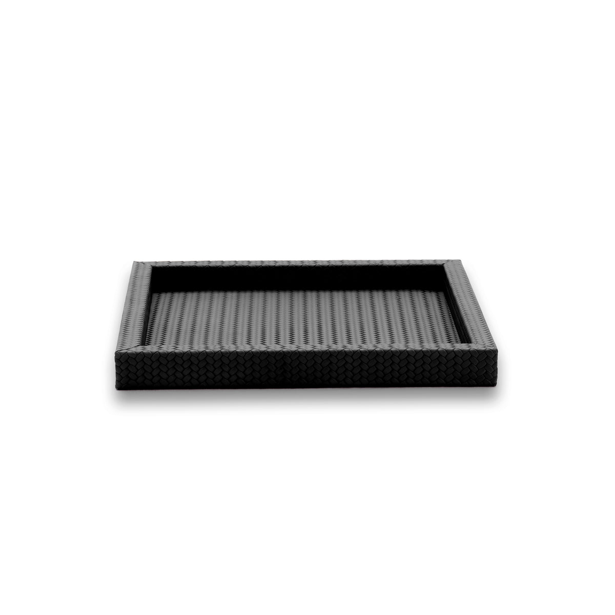 Front view of the 36 x 36 cm leather tray, its shallow well shadowed above the finer weave crossing the base