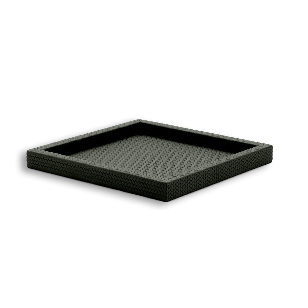 Dark grey-olive 36 × 36 cm tray, no handles interrupting the line of its 3.5 cm wall